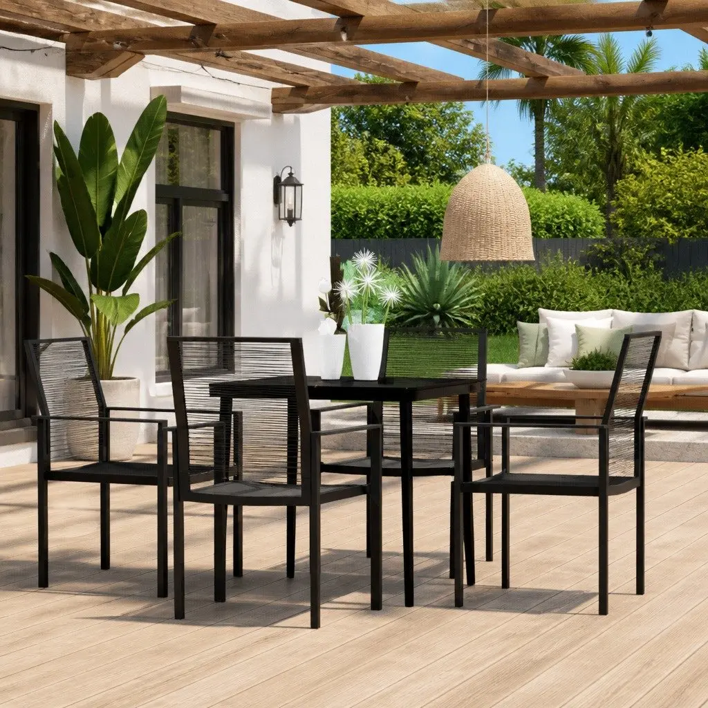 5 Piece Garden Dining Set Outdoor Patio Table Chairs Black Steel Glass Rattan