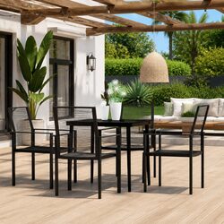 5 Piece Garden Dining Set Outdoor Patio Table Chairs Black Steel Glass Rattan