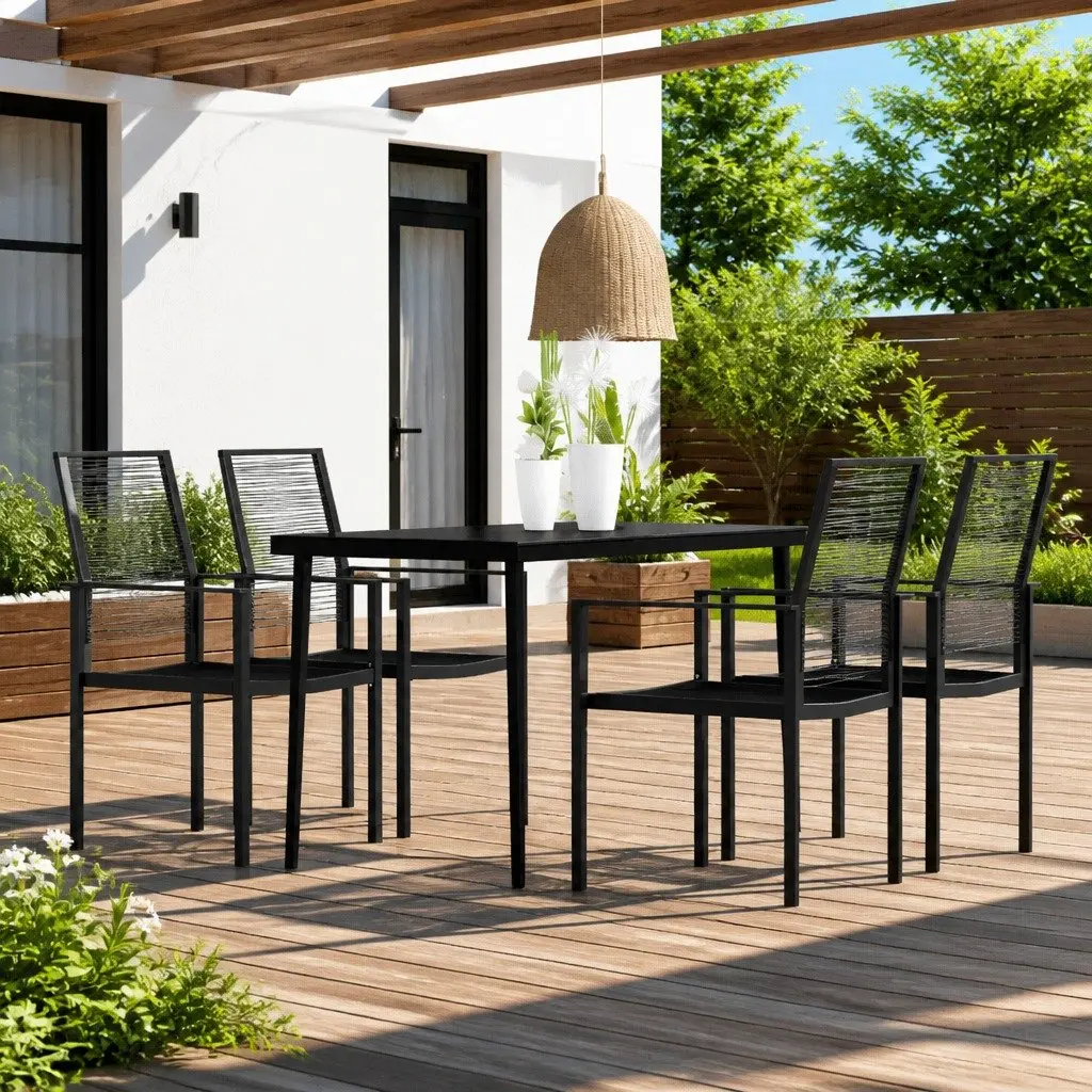 5 Piece Garden Dining Set Black Glass Top Powder-coated Steel Frame Rattan Chairs