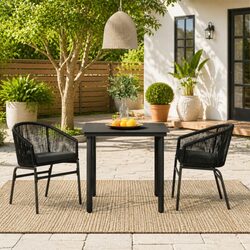 3 Piece Outdoor Dining Set Black Glass Table Rattan Chairs Garden Patio