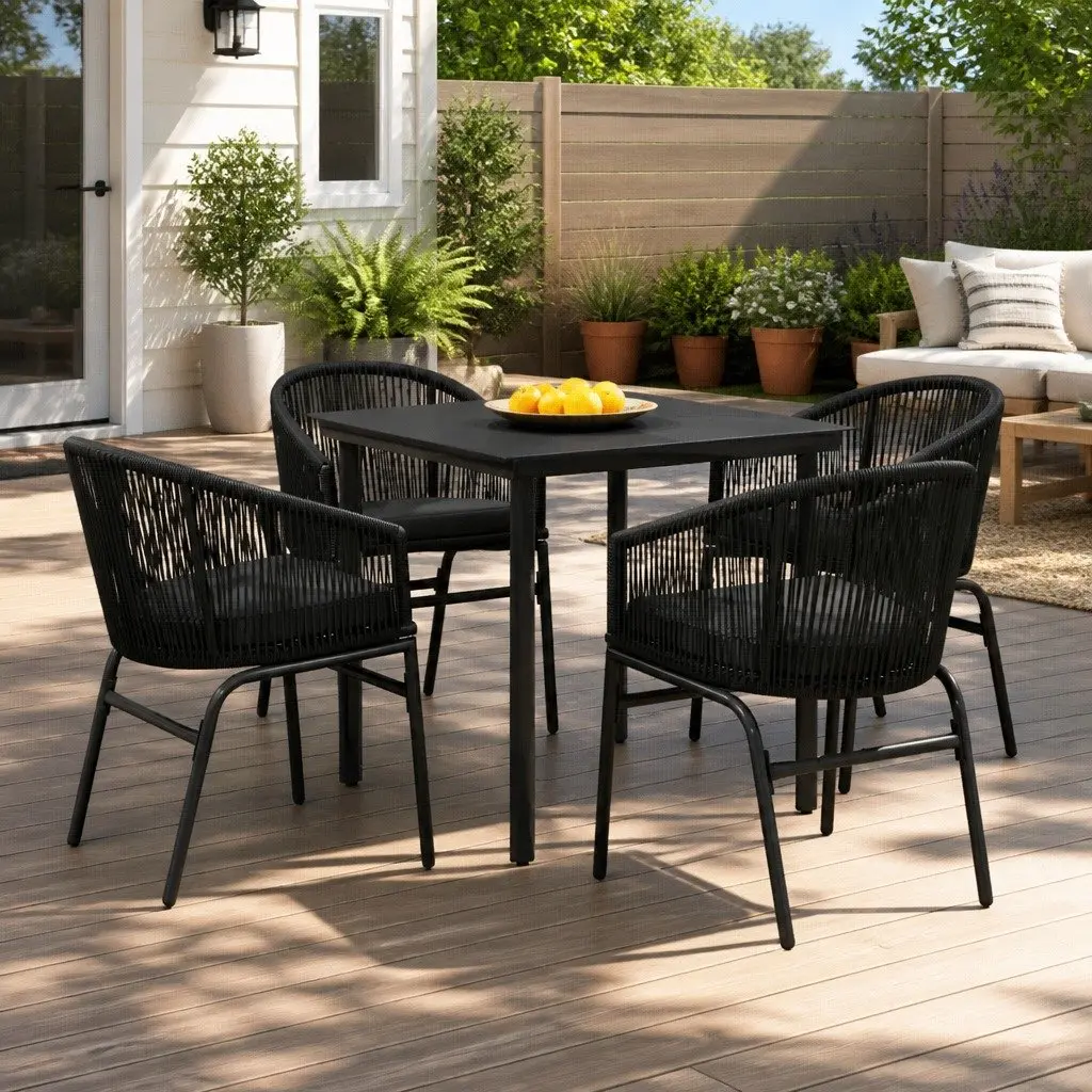 5 Piece Garden Patio Dining Set Black Steel Frame Glass Table PVC Rattan Chairs