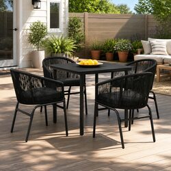5 Piece Outdoor Dining Set Garden Patio Table Chairs Black Glass Steel Frame