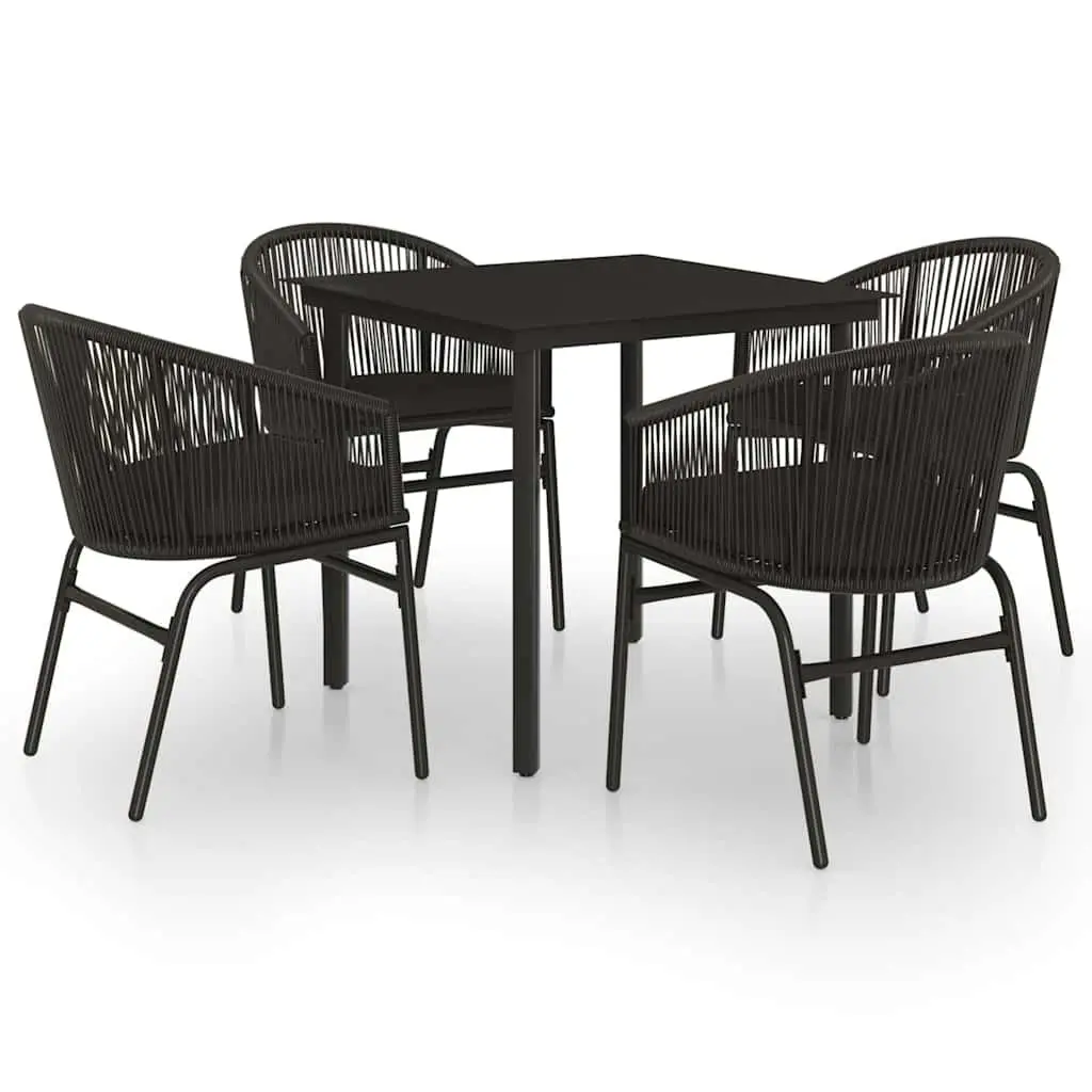 5 Piece Garden Patio Dining Set Black Steel Frame Glass Table PVC Rattan Chairs