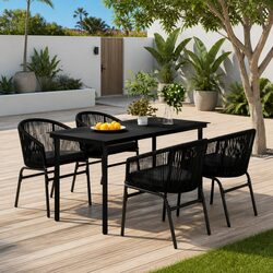 Garden Dining Set 5 Piece Outdoor Patio Table Chairs Black Glass Top Steel Frame