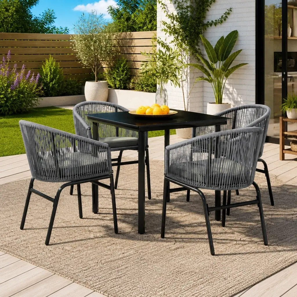 Garden Dining Set 5 Piece Outdoor Patio Furniture Glass Table Grey Rattan Chairs