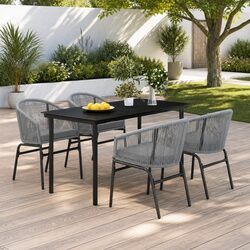5 Piece Garden Dining Set Grey Steel Frame Glass Table Patio Chairs Cushions