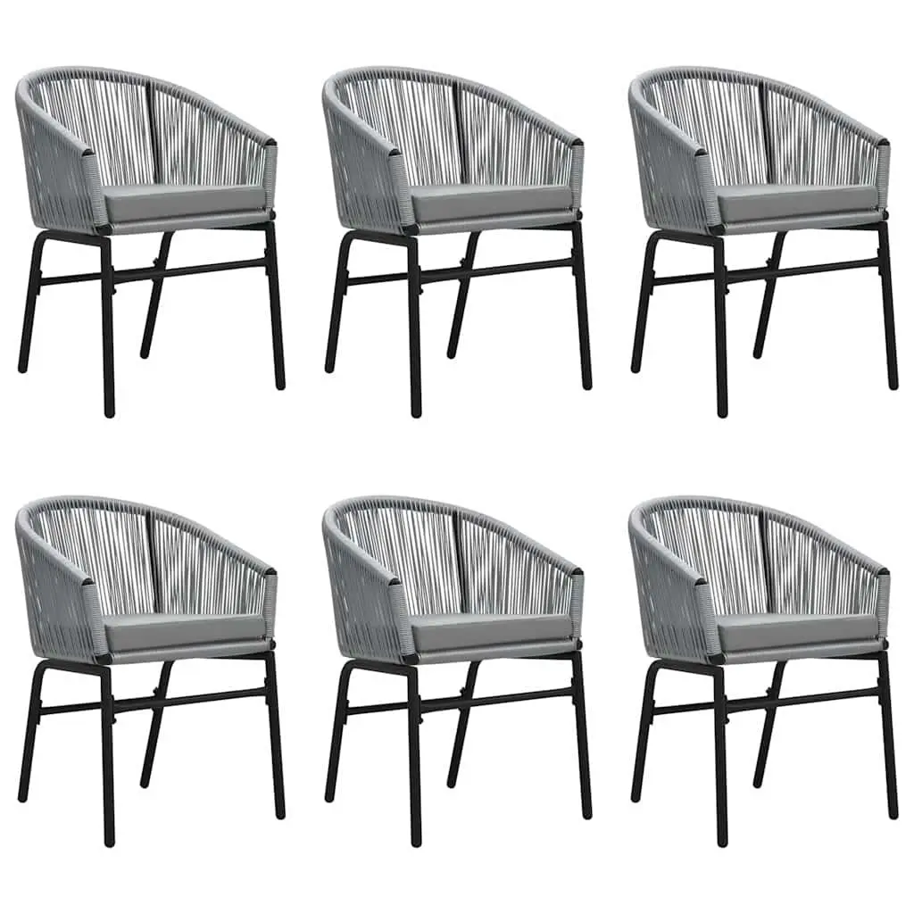 7 Piece Garden Dining Set Grey Steel Frame Glass Table PVC Rattan Chairs Padded Cushions