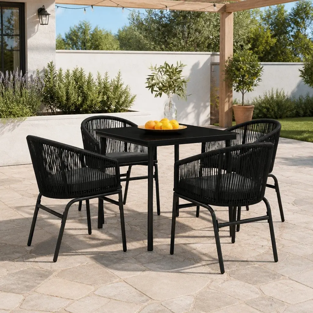 5 Piece Outdoor Garden Dining Set Black Steel Frame Glass Table Rattan Chairs