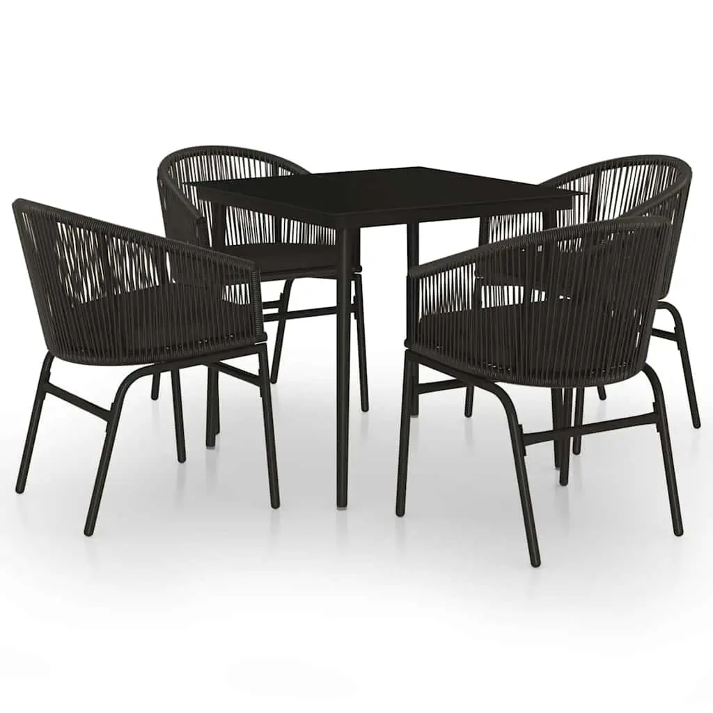 5 Piece Outdoor Garden Dining Set Black Steel Frame Glass Table Rattan Chairs