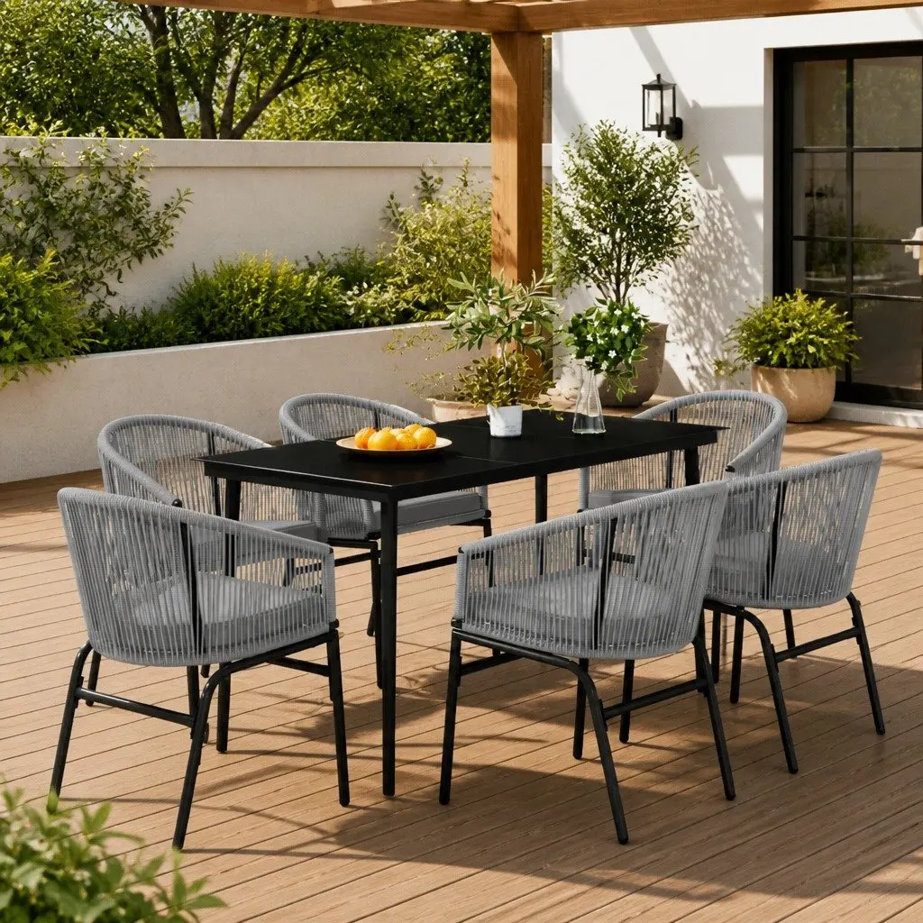 Garden Dining Set Grey 7 Piece Outdoor Furniture Glass Table Rattan Chairs