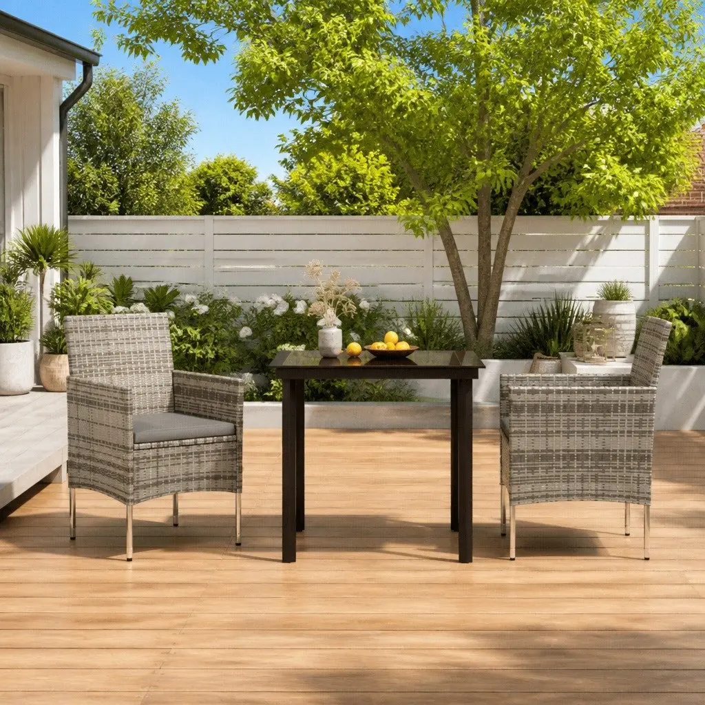 Outdoor Dining Set Grey Black 3 Piece Powder-coated Steel Frame Water-resistant PE Rattan Chairs