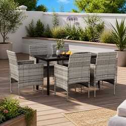 7 Piece Outdoor Dining Set Garden Furniture Steel Frame Rattan Chairs Glass