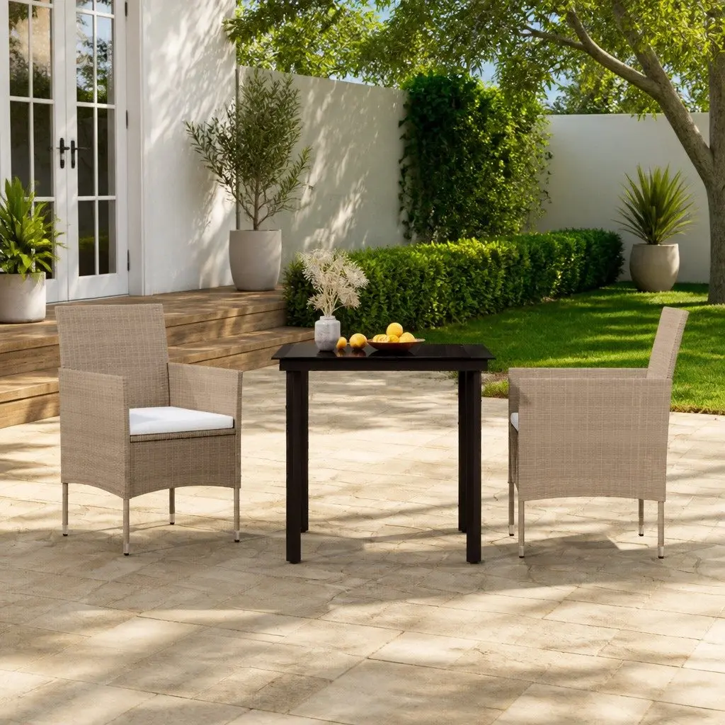 Garden Dining Set 3 Piece Outdoor Furniture Table Chairs Cushions Beige Black