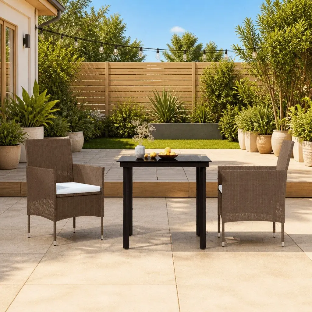 Garden Dining Set Brown and Black 3 Piece Outdoor Furniture Table and Chairs with Cushions