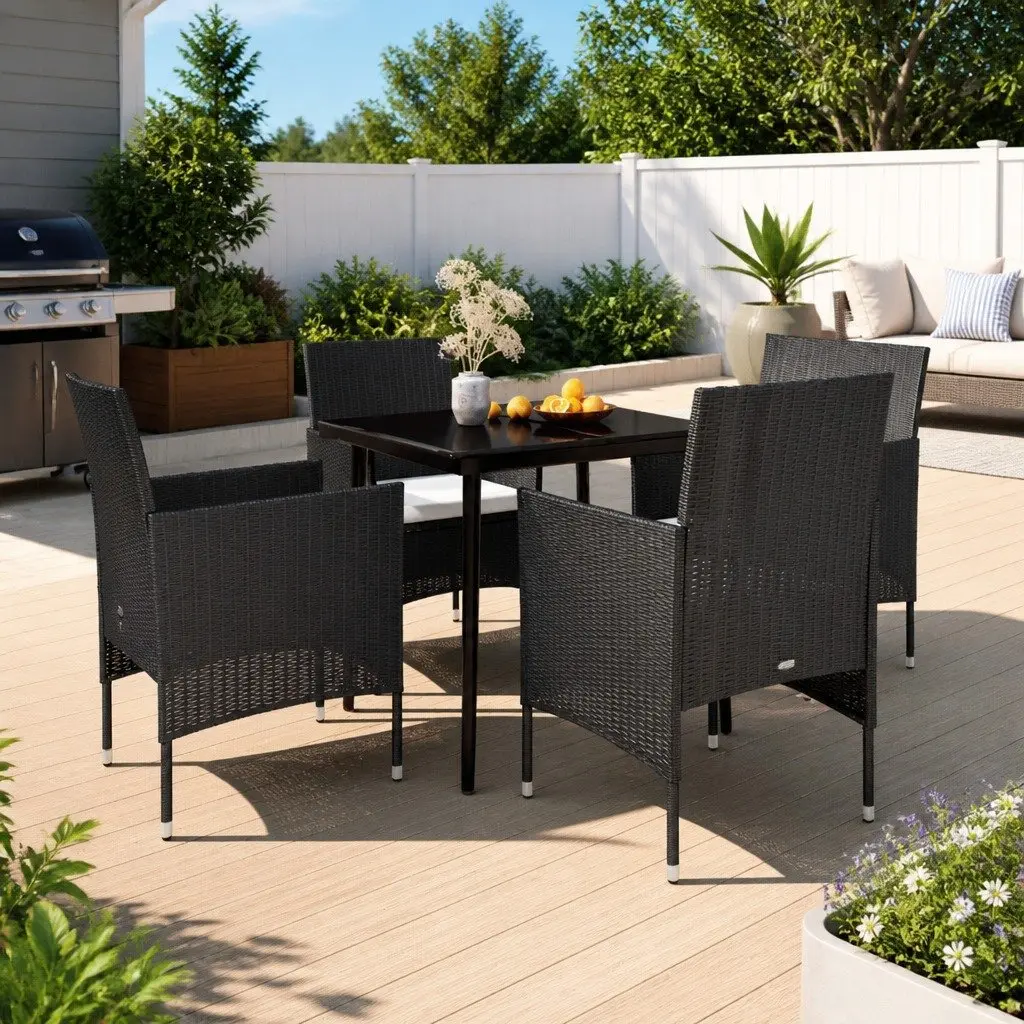 5 Piece Garden Dining Set Black Rattan Chairs Smooth Glass Table Steel Frame