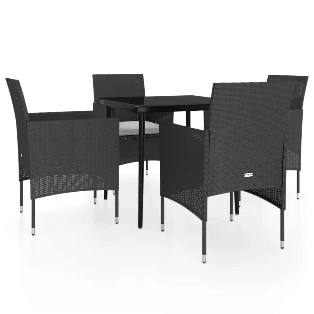 5 Piece Garden Dining Set Black Rattan Chairs Smooth Glass Table Steel Frame