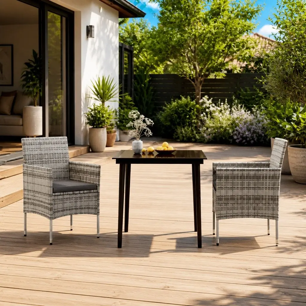 Garden Dining Set 3 Piece Outdoor Furniture Table Chairs Grey Black Rattan