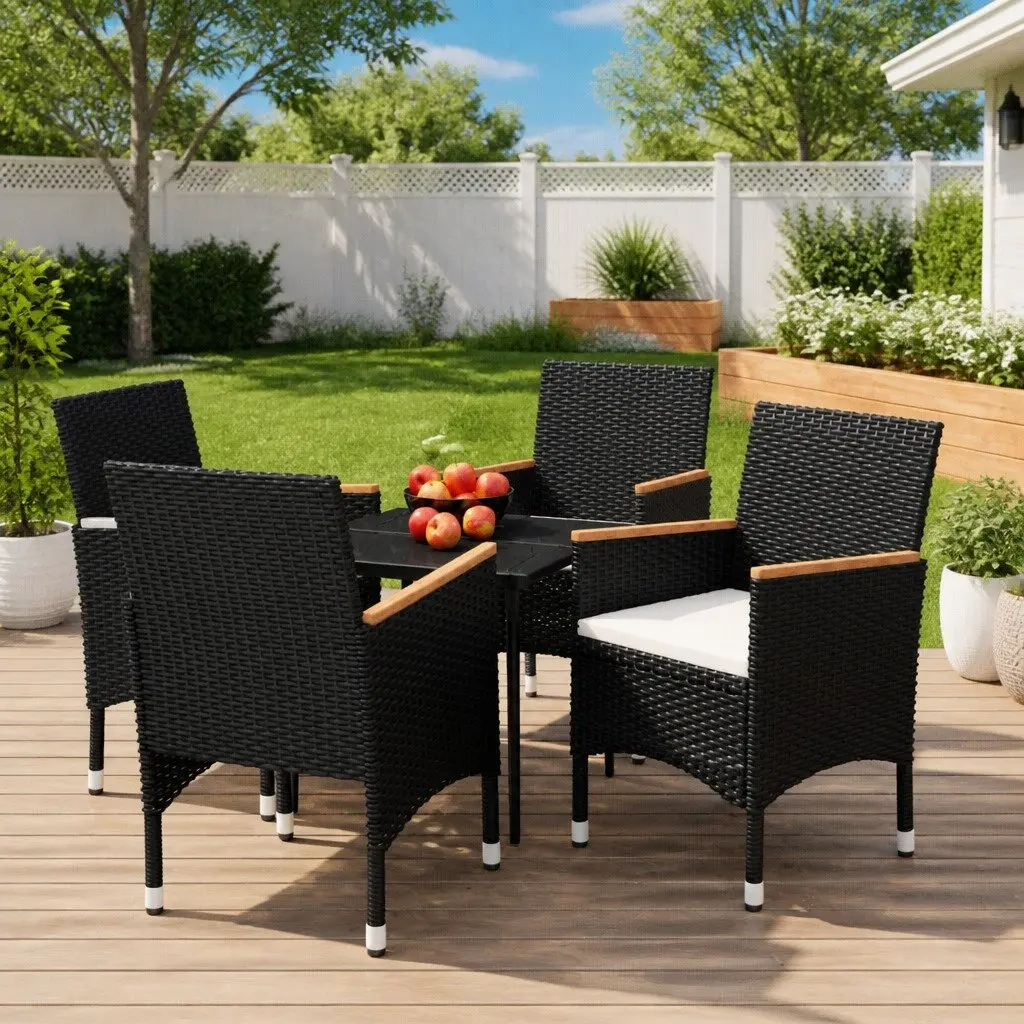 Outdoor Dining Set Black Rattan Chairs with Cushions Glass Table 5 Piece Garden Patio