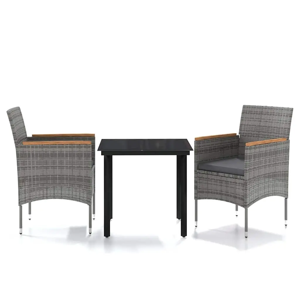 3 Piece Outdoor Dining Set Grey Black Glass Table PE Rattan Chairs with Cushions