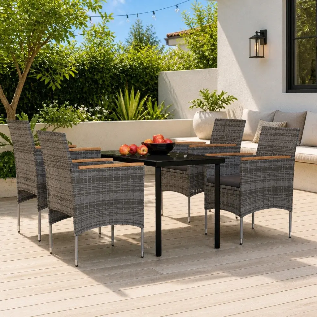 5 Piece Outdoor Dining Set Glass Table Rattan Chairs with Cushions Grey