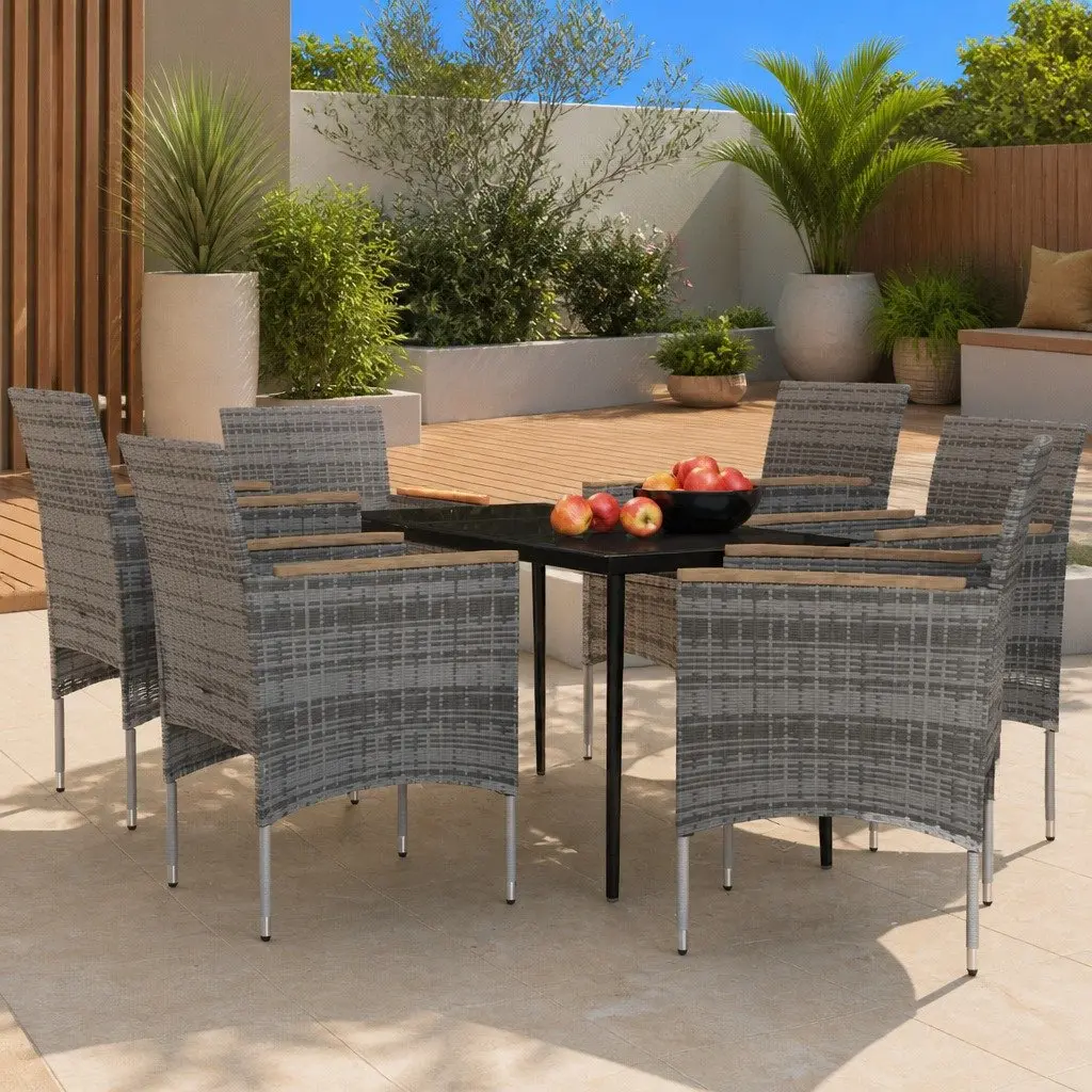 Outdoor Dining Set 7 Piece Table Chairs Cushions Grey Rattan Glass Patio