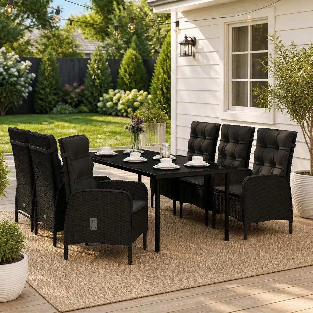7 Piece Outdoor Dining Set Black with Cushions Powder-coated Steel Frames Water-resistant PE Rattan Chairs Glass Tabletop