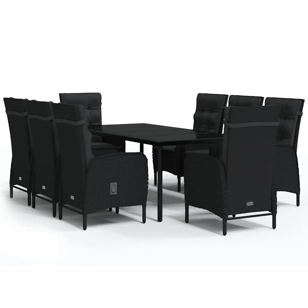 Garden Dining Set 9 Piece Outdoor Furniture Black Steel Rattan Chairs Glass