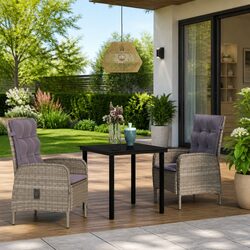 Outdoor Dining Set 3 Piece Grey Glass Table Rattan Chairs Cushions Patio
