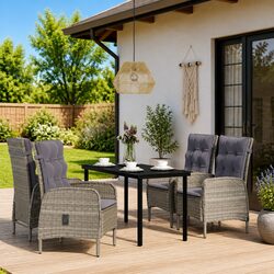 Outdoor Dining Set 5 Piece Grey Rattan Chairs Glass Table Cushions Patio