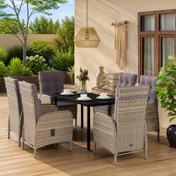 Outdoor Dining Set 7 Piece Grey with Cushions Steel Frame Rattan Chairs Table