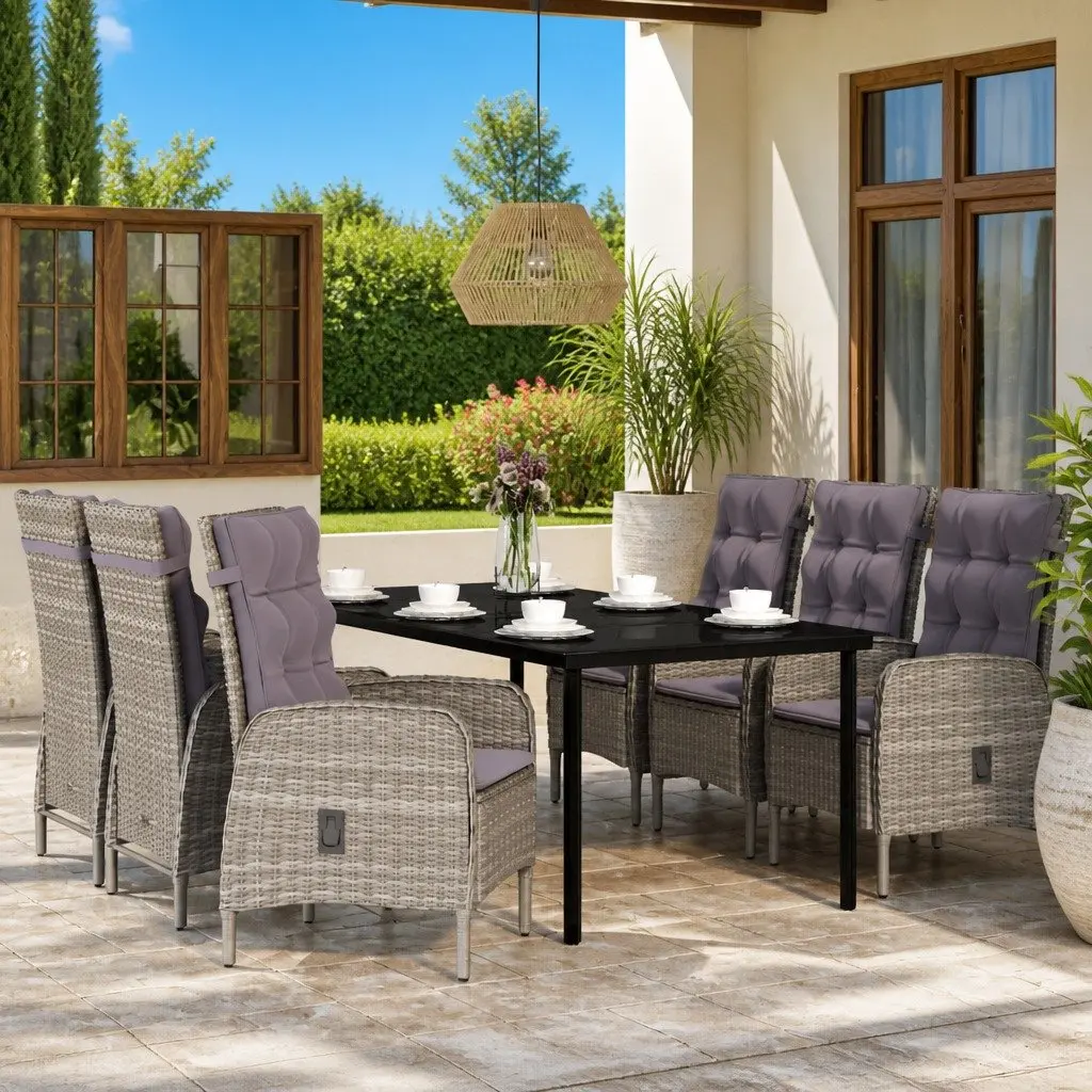 Garden Dining Set 7 Piece Outdoor Table Chairs Grey Black Rattan Cushions