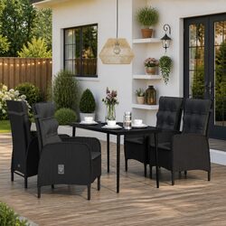 Outdoor Dining Set 5 Piece Garden Furniture with Cushions Black Steel Rattan
