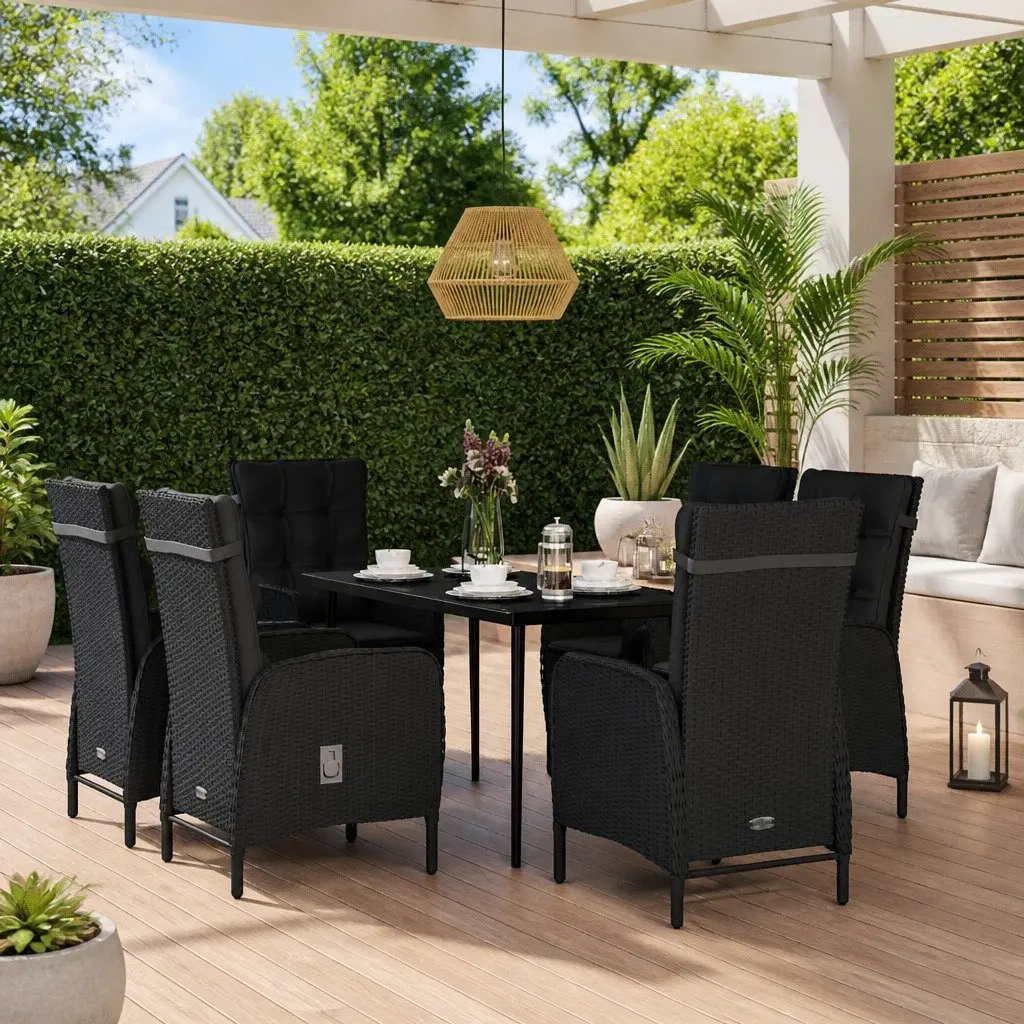 7 Piece Garden Dining Set Outdoor Furniture Black Rattan Chairs Glass Table