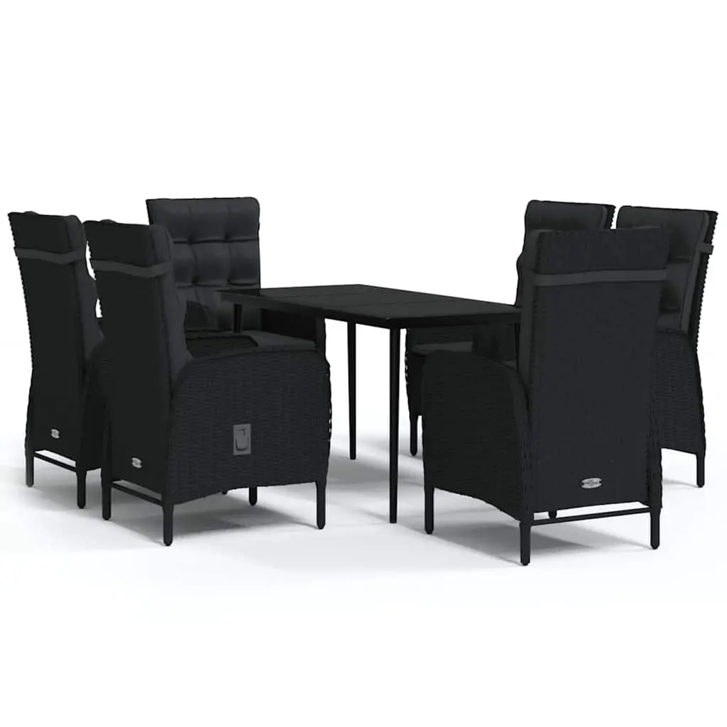 7 Piece Garden Dining Set Outdoor Furniture Black Rattan Chairs Glass Table