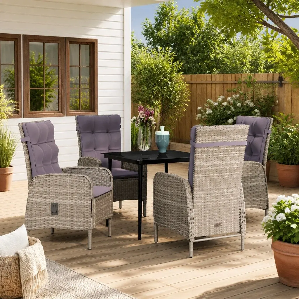 Outdoor Dining Set 5 Piece Grey with Cushions Rattan Chairs Glass Table