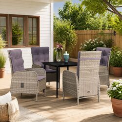 Outdoor Dining Set 5 Piece Grey with Cushions Rattan Chairs Glass Table