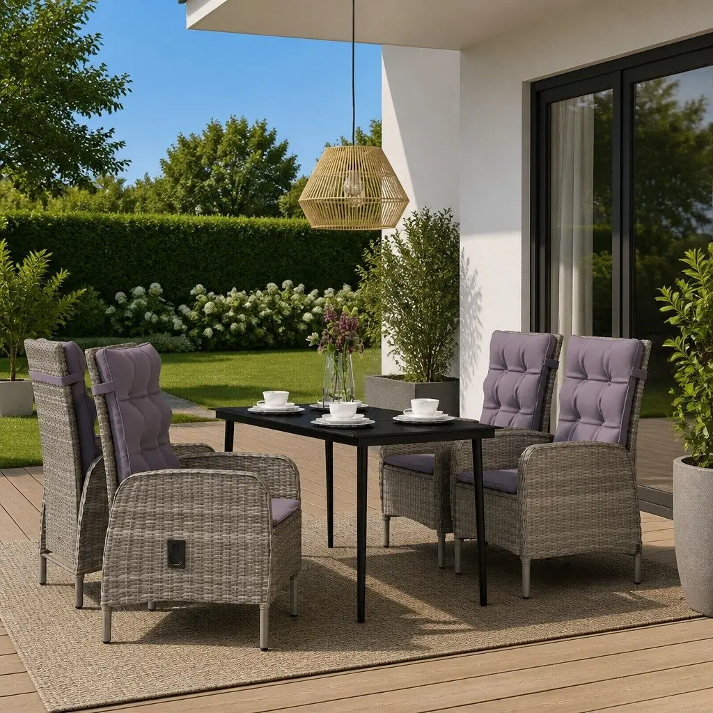 Outdoor Dining Set Grey Black 5 Piece Cushioned Chairs Glass Table Steel Frame
