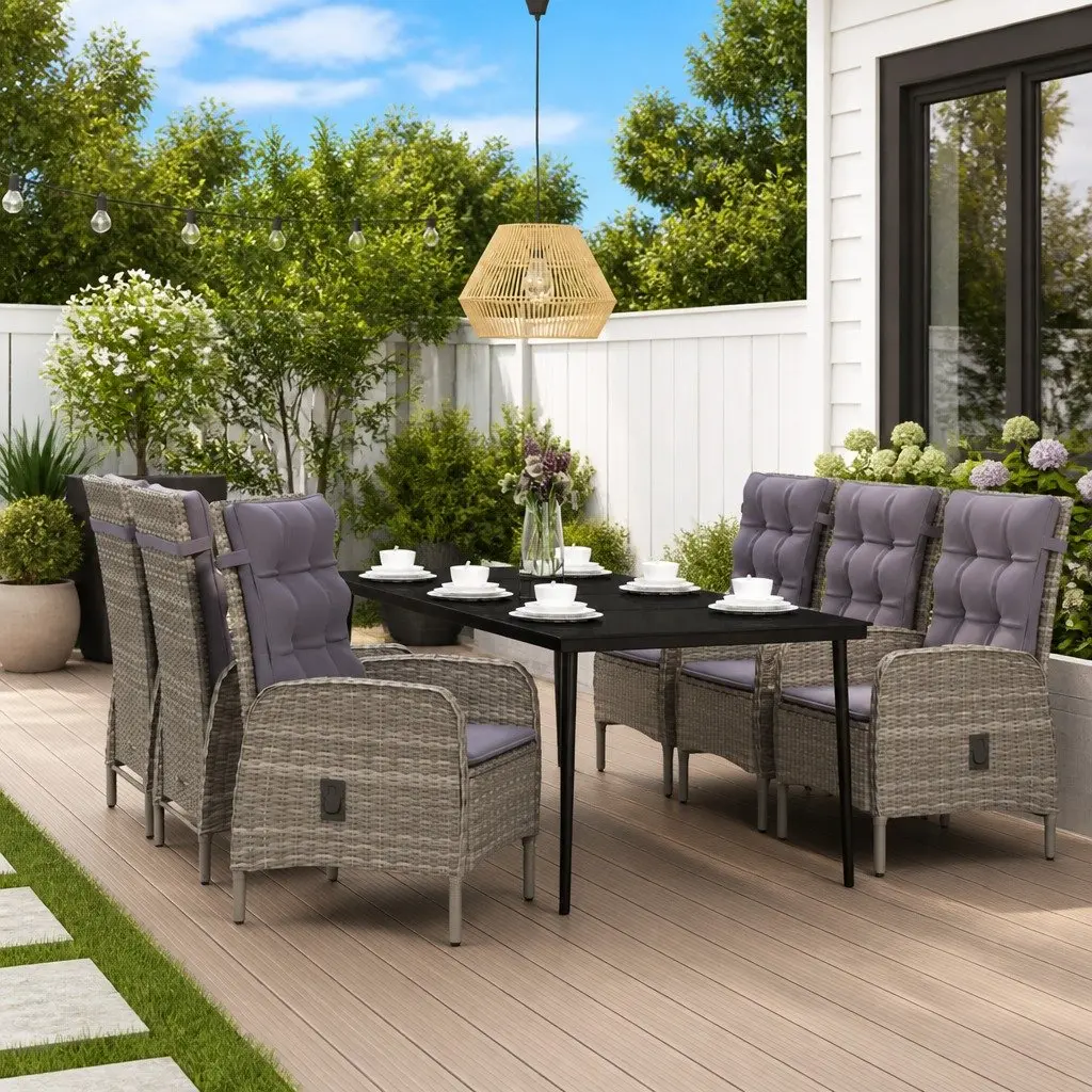 Garden Dining Set 7 Piece Outdoor Furniture Table Chairs Cushions Grey Black