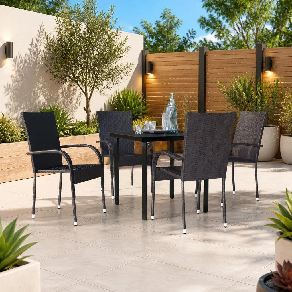 Outdoor Dining Set Black 5 Piece Steel Frame Glass Top Rattan Chairs Table