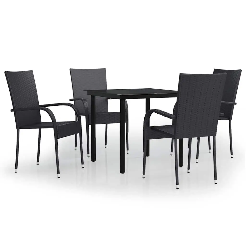 Outdoor Dining Set Black 5 Piece Steel Frame Glass Top Rattan Chairs Table