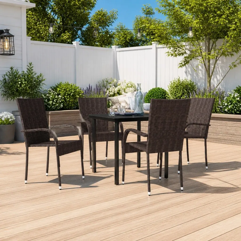 5 Piece Outdoor Dining Set Brown Steel Frame Glass Table PE Rattan Chairs