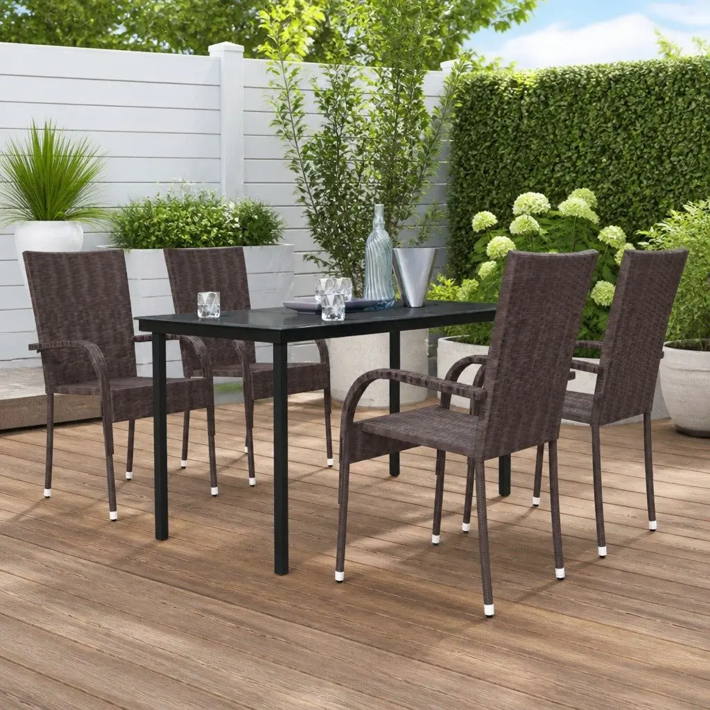 5 Piece Outdoor Dining Set Brown Glass Table Rattan Chairs Powder-coated Steel Frames