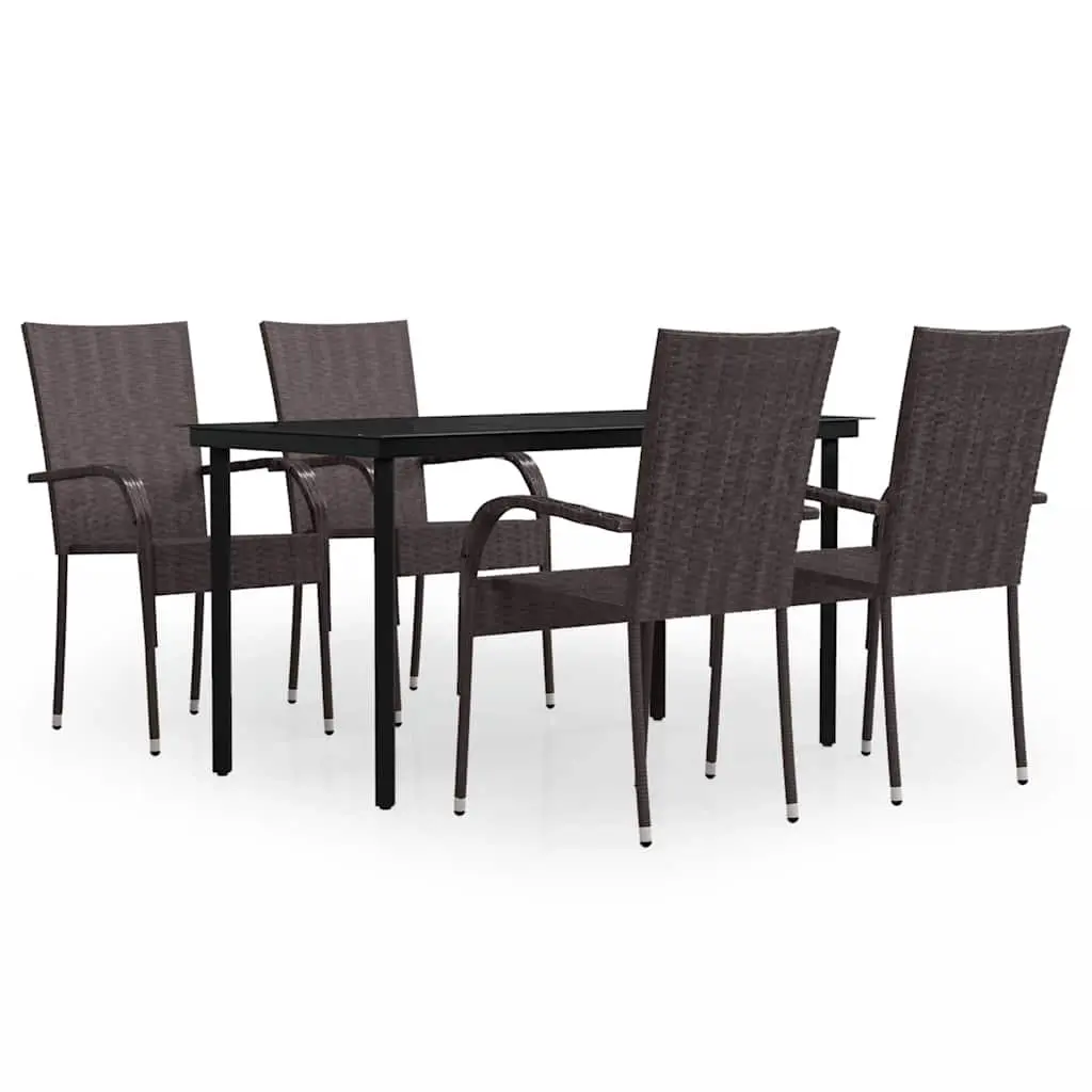 5 Piece Outdoor Dining Set Brown Glass Table Rattan Chairs Powder-coated Steel Frames
