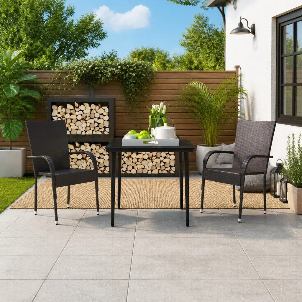 Garden Dining Set 3 Piece Outdoor Furniture Black Steel Rattan Chairs Glass