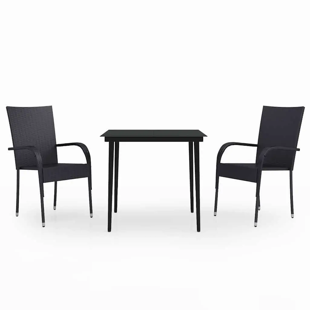 Garden Dining Set 3 Piece Outdoor Furniture Black Steel Rattan Chairs Glass