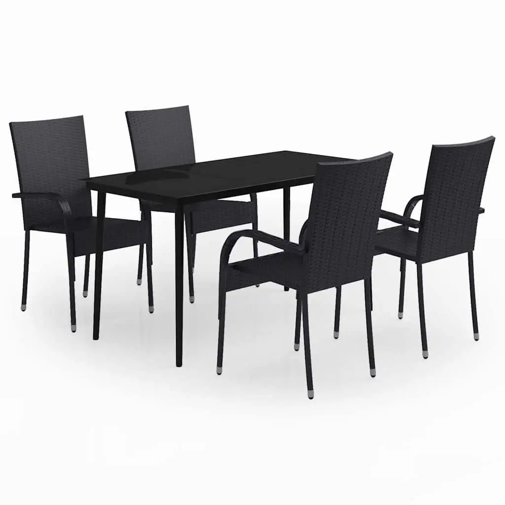 Garden Dining Set Black 5 Piece Outdoor Furniture Steel Rattan Chairs Glass Top