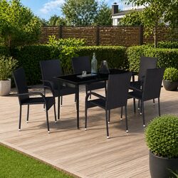 Garden Dining Set 7 Piece Outdoor Furniture Black Steel Rattan Chairs Glass