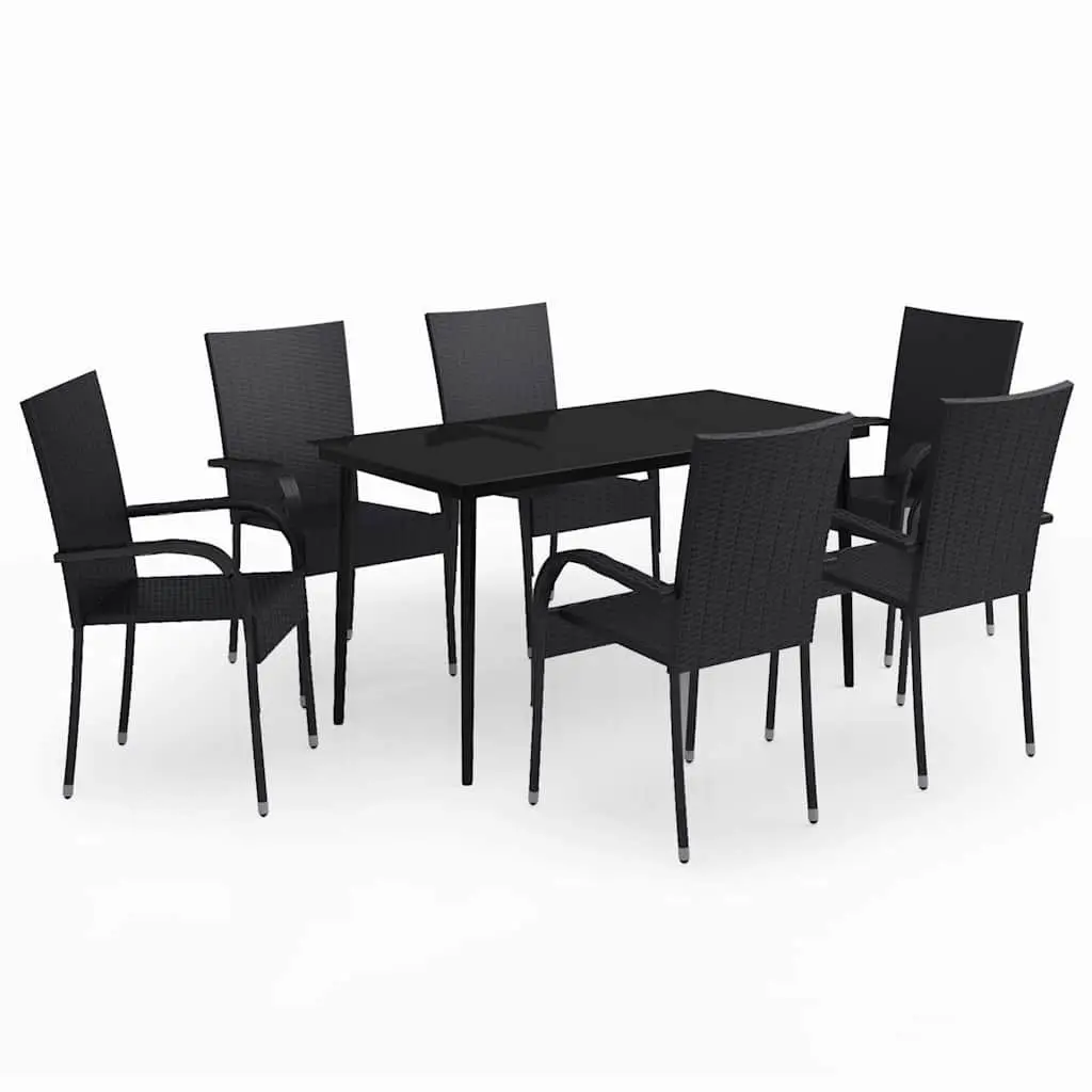 Garden Dining Set 7 Piece Outdoor Furniture Black Steel Rattan Chairs Glass
