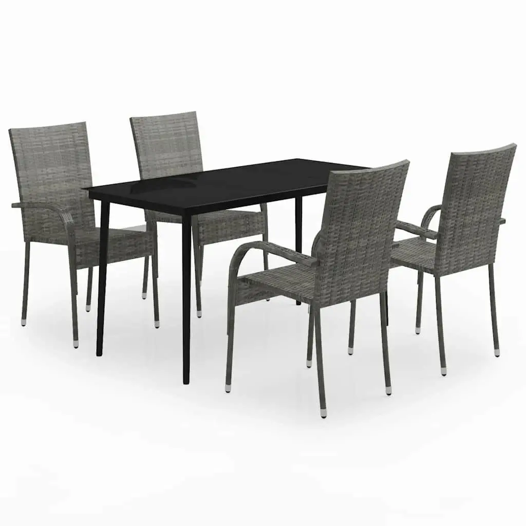 Outdoor Garden Dining Set Grey Black 5 Piece Powder-Coated Steel Frame Water-Resistant PE Rattan Smooth Glass Tabletop