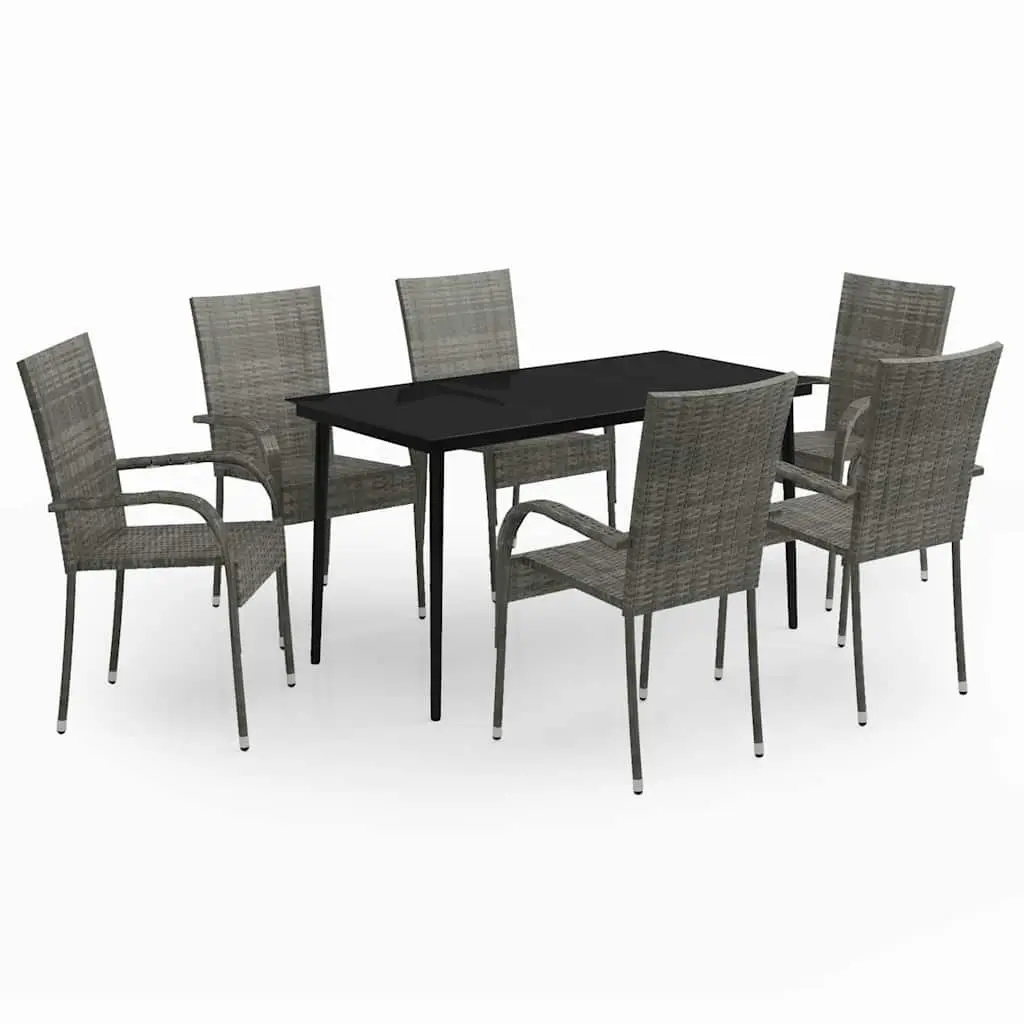 Outdoor Garden Dining Set Grey Black 7 Piece Steel Rattan Chairs Glass Table